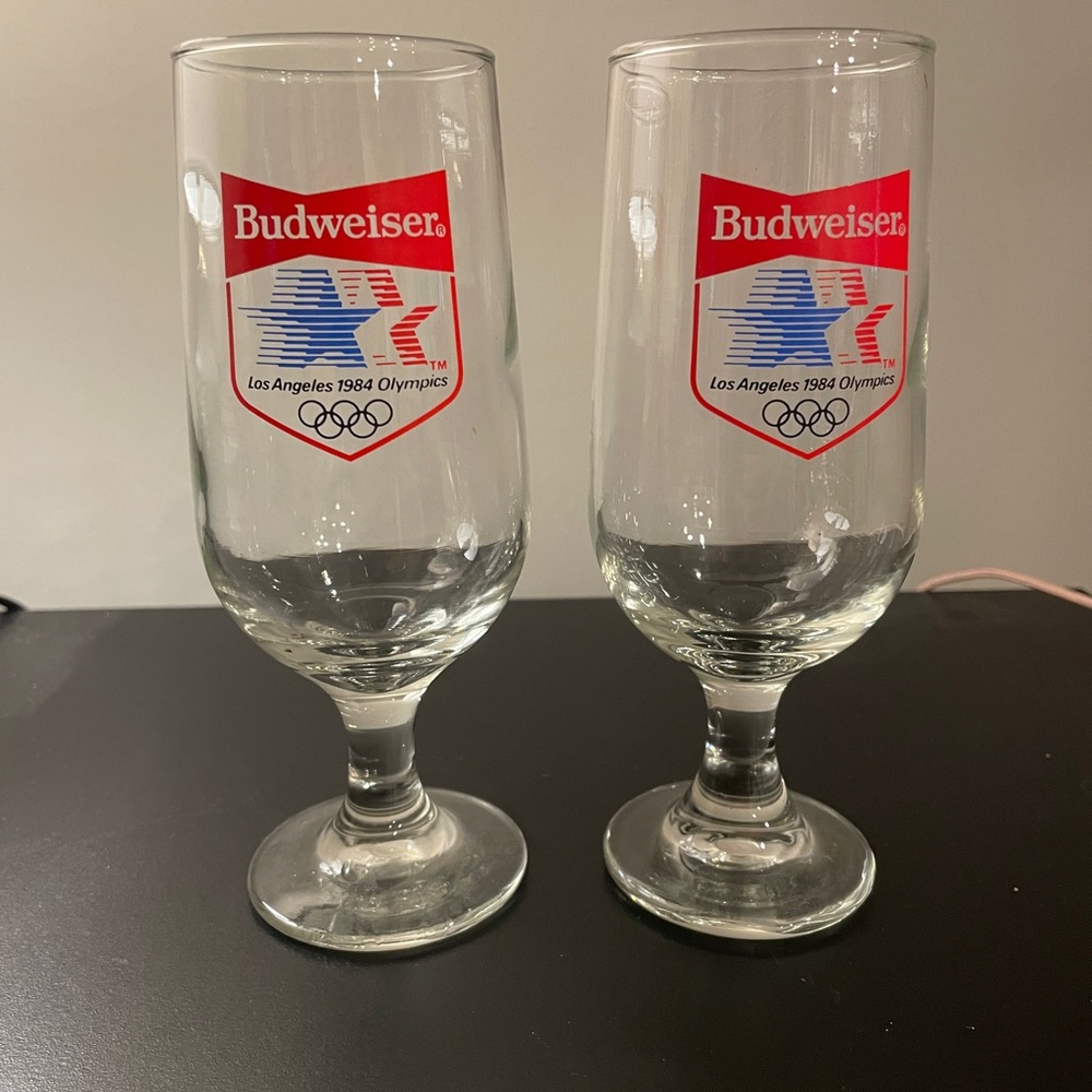 Budweiser 1984 Los Angeles Olympics Stemmed  Beer Glasses set 7" 10oz vintage